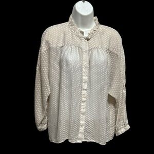 🗺️ Ann Taylor Ruffle Neck Dressy blouse, size small, textured, semi-sheer, EUC